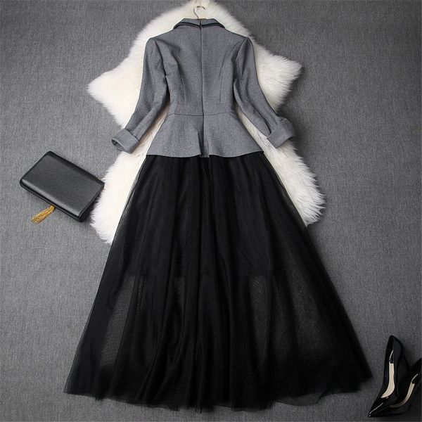 

two piece dress fashion runway female designers elegant autumn 3/4 mangoes carved blazer mid-calf calf calf's office party tulle dresse, White