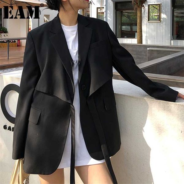 

[eam] black irregular bandage women blazer lapel long sleeve loose fit jacket fashion spring autumn 1dd60 211019, White;black