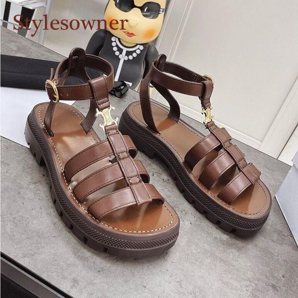 

sandals summer thick-soled woven hollow buckle leather retro roman women casual non-slip beach, Black