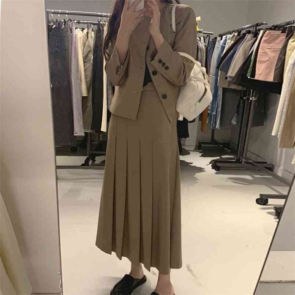 

autumn winter korean casual classic two piece set women blazer jacket coat + long pleated skirt suits female ol work 2 210514, White