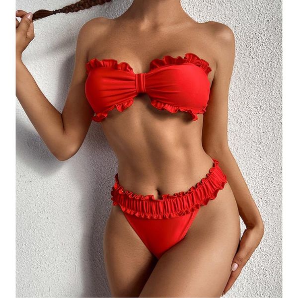 

women's swimwear women`s swimsuit 2021 bikini pleated bandeau female thong bikinis set bather swimming beach wear for bathing suit, White;black