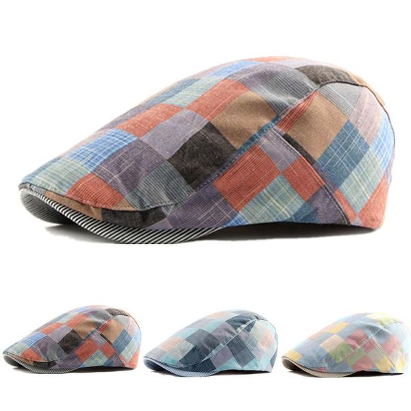 

berets 1pc 3colors cotton men women vintage duckbill retro peaked hat plaid beret sunhat cowboy gatsby flat cap, Blue;gray
