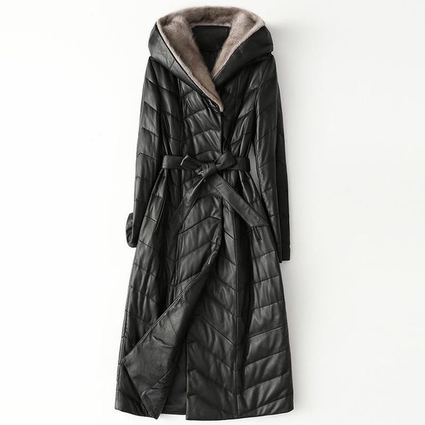 

women's leather & faux winter long black sheepskin coat with belt pockets genuine down jacket hooded office lady outwear high quality