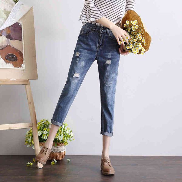 

jeans 2021 high waist boyfriend brem for women torn hole hare casual loose pants streetwear denim pantalon femme, Blue