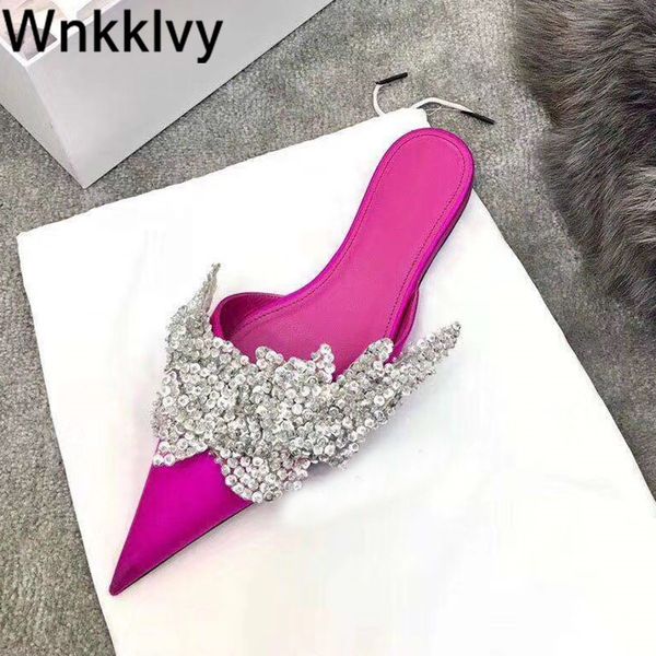 

slippers women flat heel summer shoes slik stain pointed toe bling sequins crystal leaf flipflops lazy mullers sandals fypc, Black