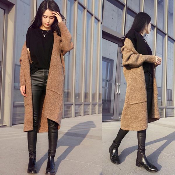 

women's sweaters clothing 2021 spring autumn winter single breasted cashmere knitted long cardigans coat women pockets, White;black