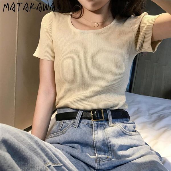 

women's knits & tees matakawa sweater tshirts autumn korean inside knitted pullover tshirt short sleeve loose sweaters solid slim t shi, White