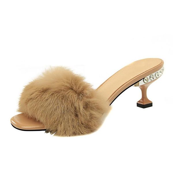 

slippers korean version of the fashion and elegant wear half rhinestone fine heel high furry fur word, Black