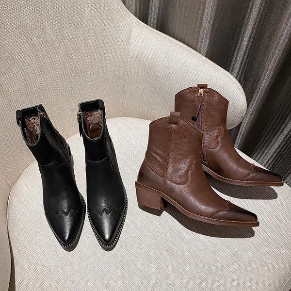 

boots retro western cowboy for women pointed toe women's shoes brand embossing genuine leather ankle chunky wedges, Black