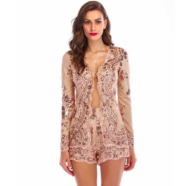 

luxury evening party dresses women's nightclub v-neck long sleeve two piece sequin shorts, Black