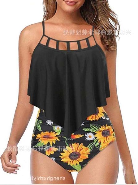 

shenghaixuan 2020 lotus leaf sunflower print high waist bikini tankini cover up swimsuit, White;black