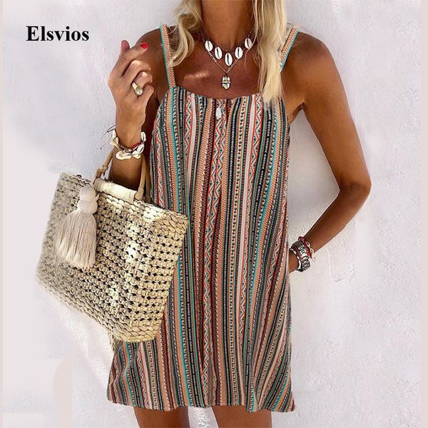 

casual dresses backless sleeveless summer vintage striped print 2021 mini elegant women spaghetti strap party vestidos wrp5, Black;gray