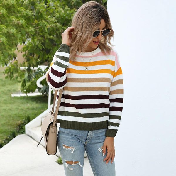 

women's sweaters 2021 autumn and winter fashion crew neck long sleeve striped matching pullover leisure loose fit lady sweater top, White;black