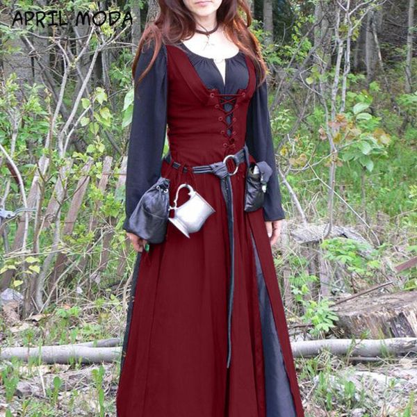 

casual dresses vintage renaissance victorian medieval costume gothic bandage long 2021 plus size maxi ball gown middle ages dress, Black;gray