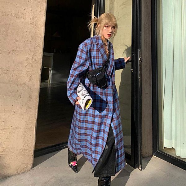 

women's trench coats british retro windbreaker female 2021 design stitching color contrast mid-length plaid spring autumn casual women, Tan;black