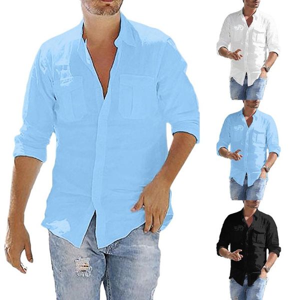 

men's casual shirts solid pocket shirt business long sleeve button turn-down collar blouse men clothing fashion cardigan camisa, White;black