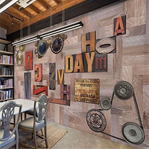 

custom 3d wallpaper retro vintage wooden striped frame painting creative gear brick wallpaper theme background mural