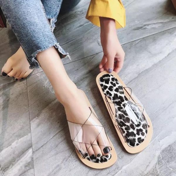 

slippers transparent sandals and women's summer cross flat beach students fashion leopard print female sheo, Black