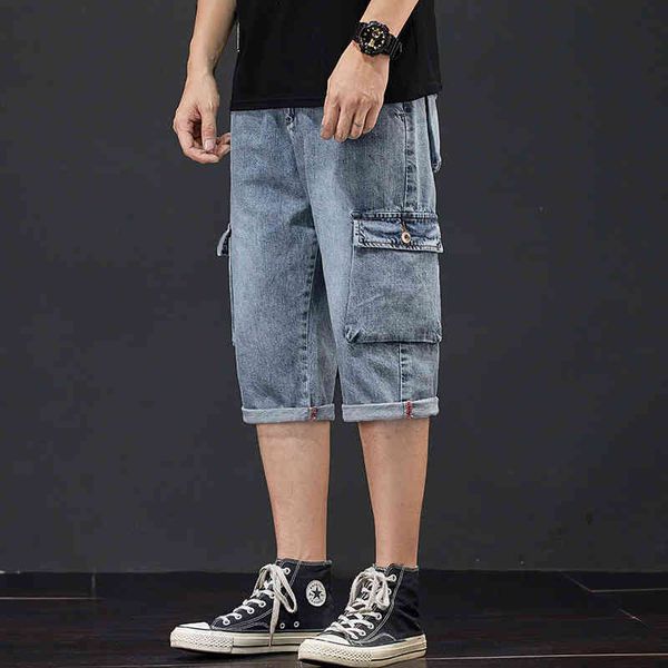 Jeans Shorts Männer Sommer Breeches Multi Seitentasche Casual Bermuda Männlich Gerade Lange Blaue Denim Lose Cargo Shorts Männer 210518