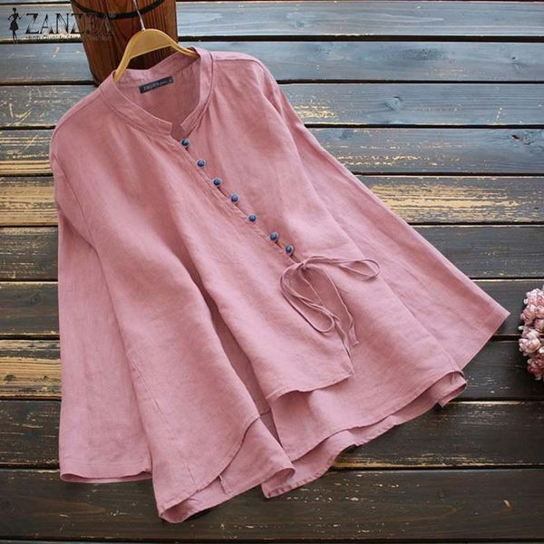 

women solid blouse autumn long sleeve buttons shirt zanzea retro casual lace up cotton linen blusas femininas tunic s-5xl women's blou, White
