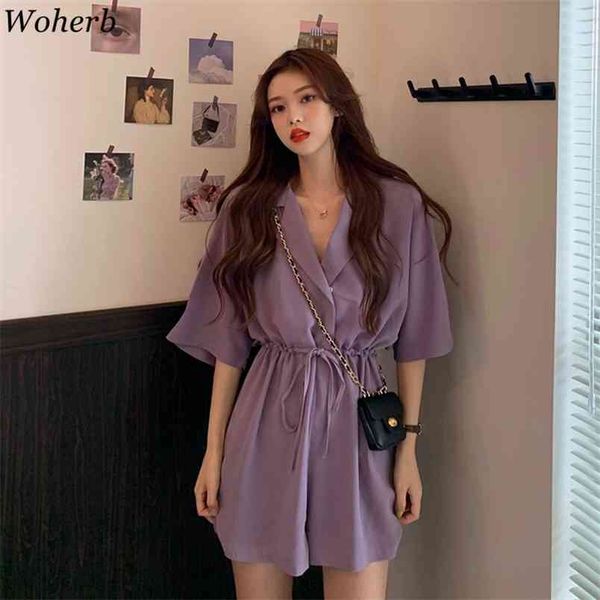 Sommer Cargo Overall Frauen Koreanische Streetwear Solide Lose Overall Breite Bein Shorts Bandage Body Strampler Femme 210519