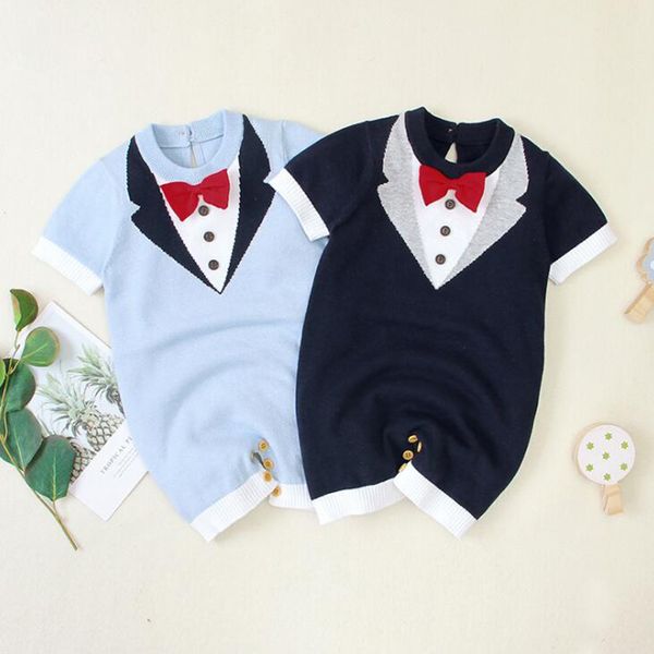 

infant baby boys gentleman bowknot rompers clothes boy kids short sleeve cotton 210429, Blue