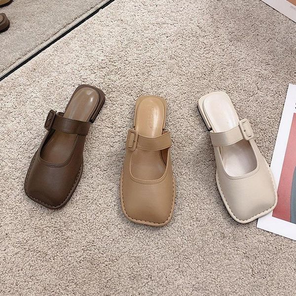 

slippers mules for women 2021 loafers low cover toe flat shoes female ladies' luxury slides square designer soft rome retro basi, Black