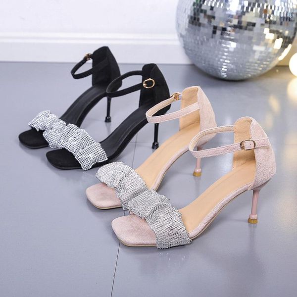 

rhinestone sandals buckle strap female shoe 2021 summer high heels all-match girls high-heeled beige stiletto comfort clear, Black