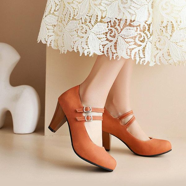 

dress shoes 2021 orange white double buckle strap retro ladies pumps office lady spike high heels womens mary janes big size 47 48, Black