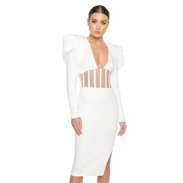 

elegant bandage dresses women puff sleeve party club celebrity white autumn clothing v neck bodycon 210515, Black;gray