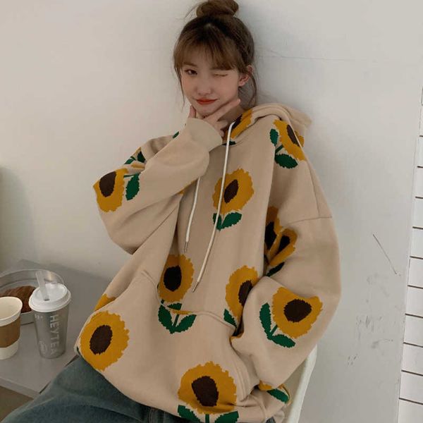 

pullovers hooded sunflower hoodies women autumn winter clothes thick velvet japan style loose retro oversized sweatshirt 210610, Black