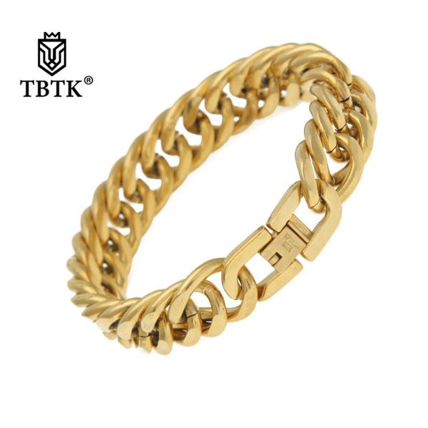 Link, Chain TBTK 12mm / 15mm Larghezza Classic Bangles Oro Bracciale stile semplice Miami Mens Wristband Jewlery Elegante Punk Trendy