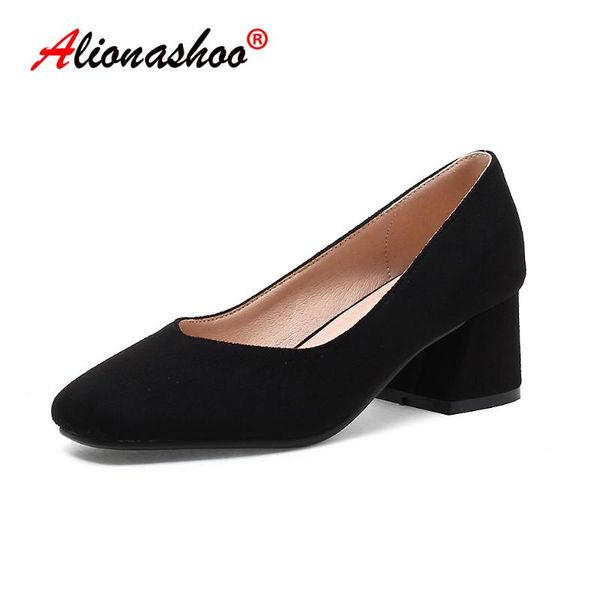

dress shoes large size spring autumn women medium heels slip on ladies sqaure toe pumps zapatos mujer designer woman, Black