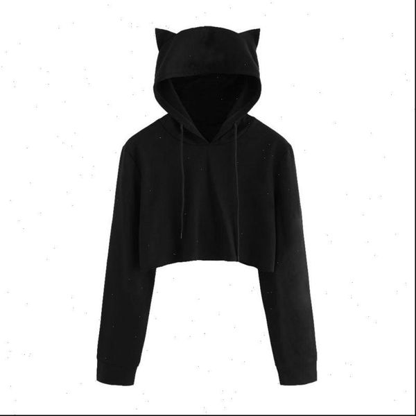 

teen girls cute cat ear women hoodies breathable trim crop long sleeve pullover, Black