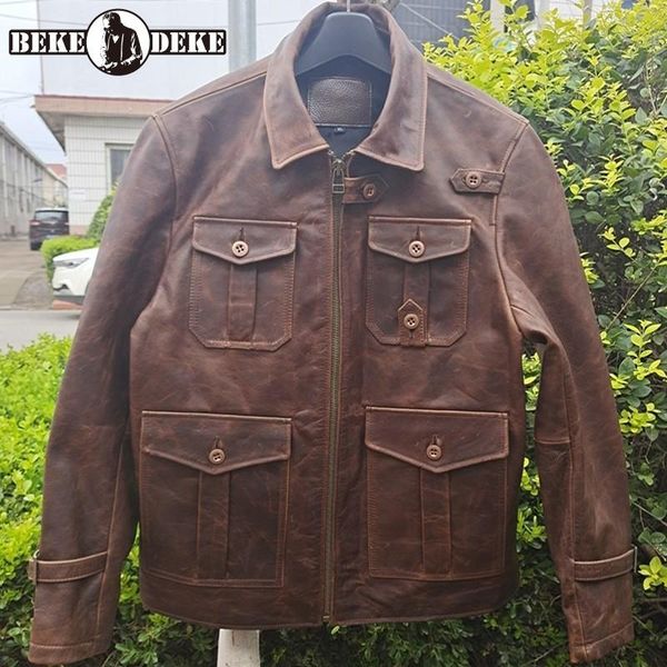 

men wax layer cowhide motorcycle jacket lapel multi-pockets straight genuine leather coat autumn safari style men's & faux, Black