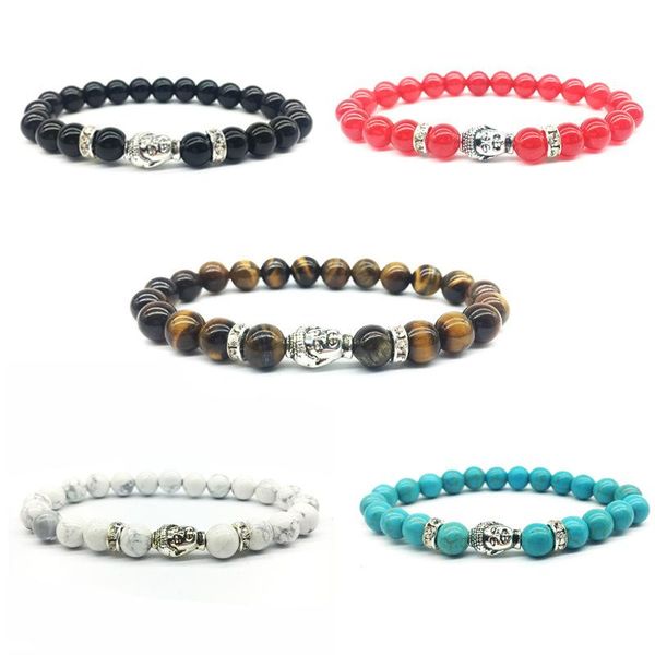 

beaded, strands 2021 fashion handmade men's silver buddha head bead natural molten rock 8mm beads bracelet, Black