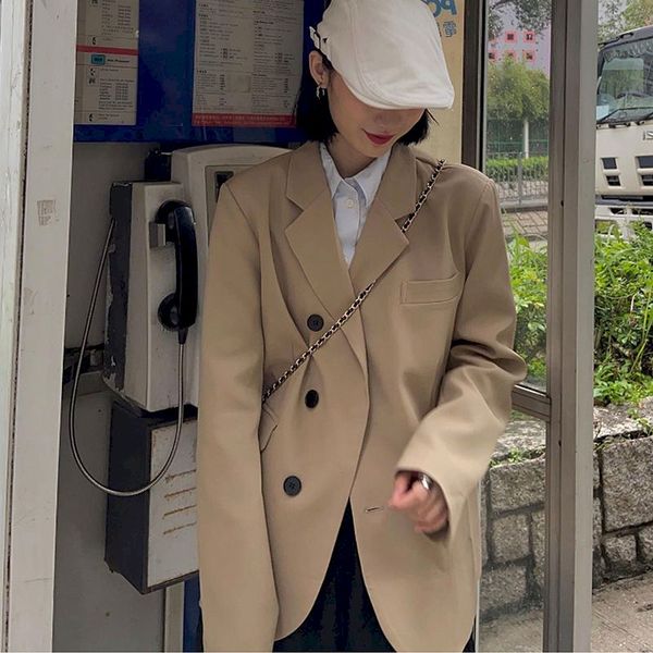 

2021 autumn blazer women single breasted oversized suit jaet office ladies loose plus size long sleeve out wear blazer coats, Black