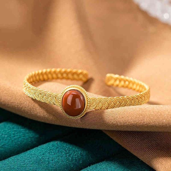 

designer original new silver inlaid southern red tourmaline open bracelet simple weaving fashion personality jewelry, Golden;silver