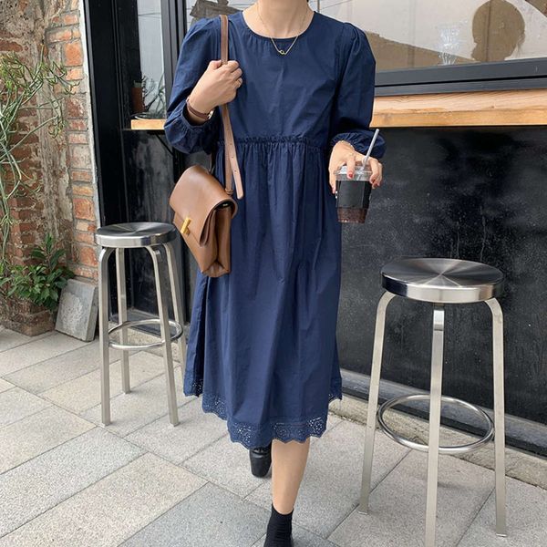 

huang zheng bubble sleeve stitching lace round neck long dress women's spring korean loose l28252, Black;gray