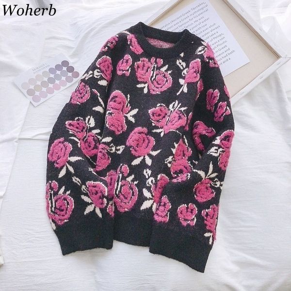 

vintage pullovers autumn winter clothing floral o-neck women sweater jumper femme roupas loose outwear coat 4e401 210417, White;black