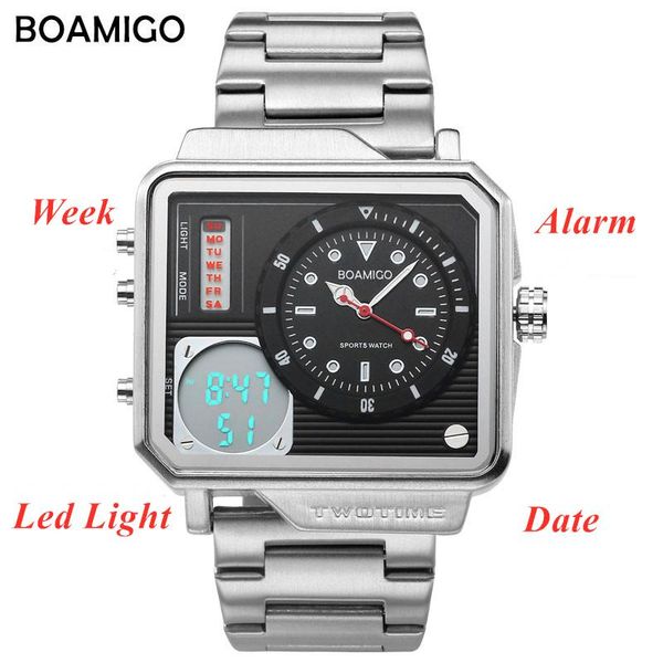 Нарученные часы бренд Boamigo Led Digital Watch Men Auto Date Square Quartz Водонепроницаемые мужские часы из нержавеющей стали.