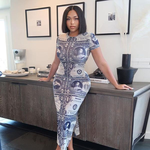 

casual dresses 2021 summer clothing print short-sleeved high-slit mid-length dress tailored tight streetwear holiday club women's c, Black;gray