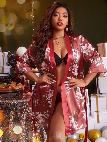 

plus floral print belted satin sleep robe 65k5#, Black;white