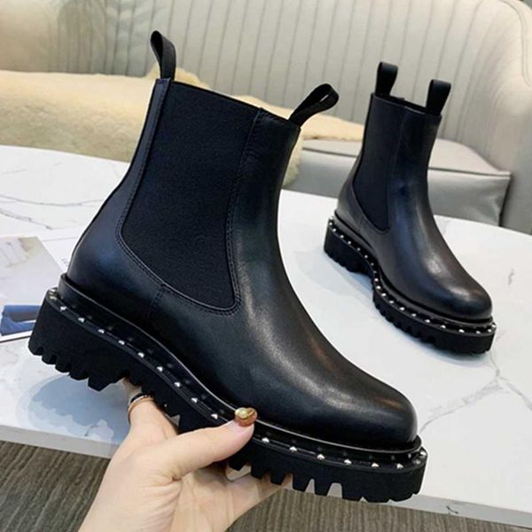 

boots genuine leather women ankle luxury design slip on chealsea runway platform wedges short maritin, Black