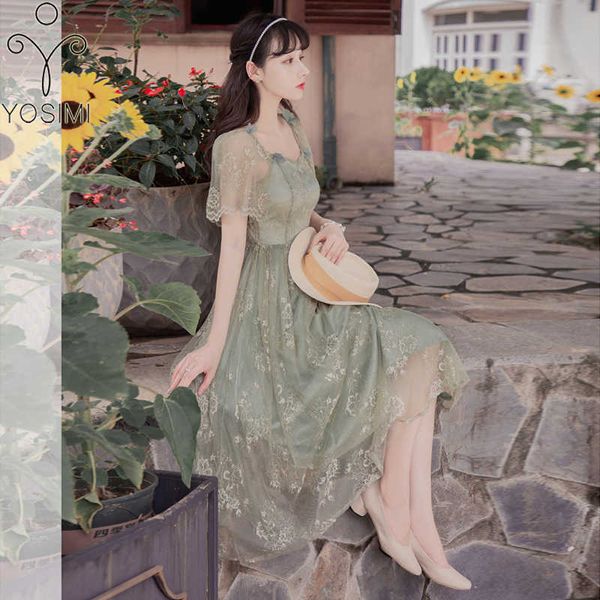 Yosimi зеленое цветочное вышивка платье женское лето с коротким рукавом квадратный воротник среднего теленка и вспышки сетки длинные женщины 210604