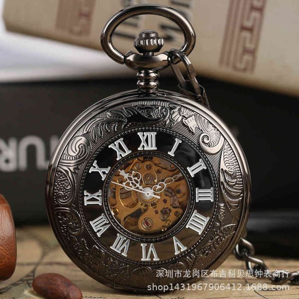 

classic black roman double display automatic large pocket watch for men and women, Slivery;brown