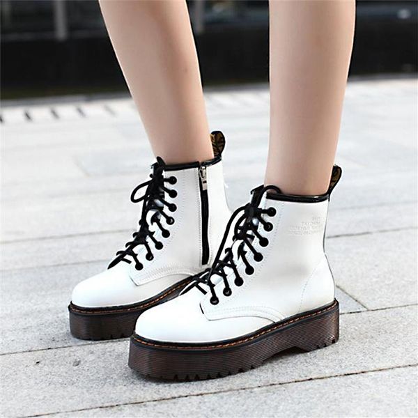 

boots warm plush platform for women pu leather high heels lace up rubber autumn ankle punk short, Black