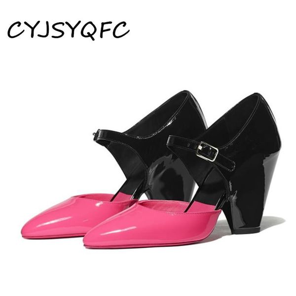 

sandals cyjsyqfc patent leather mixed color strange heels women point toe hollow out belt buckle lady shallow shoes, Black