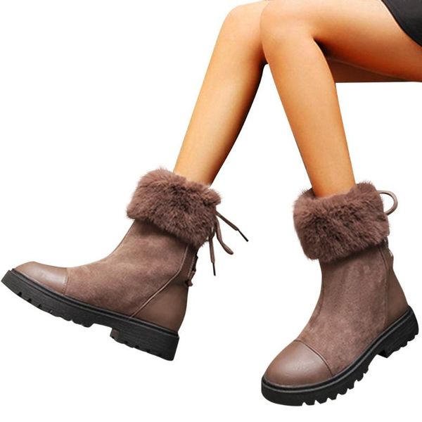 

boots women warm fur plush insole winter fashion med round toe flock shoes woman suede turn over edge snow platfroms, Black
