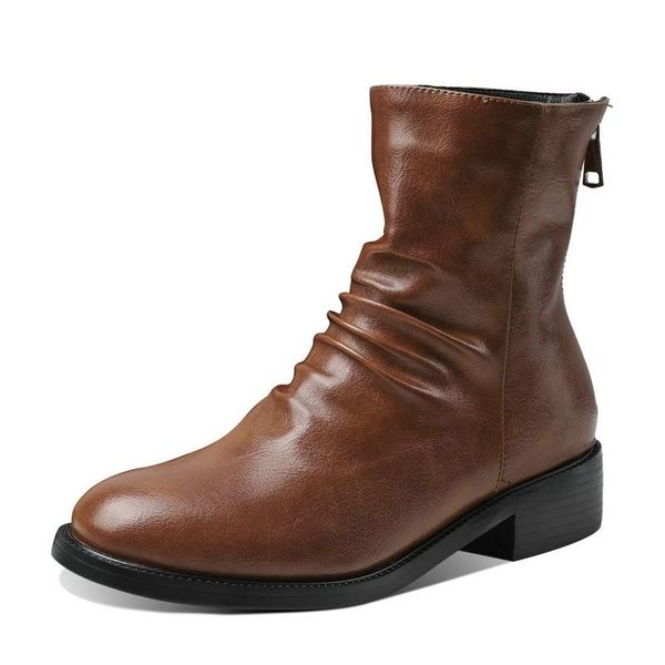 

boots vegan leather ankle for women low heels woman motorcycle 2021 autumn winter casual ladies plus size 34-43, Black